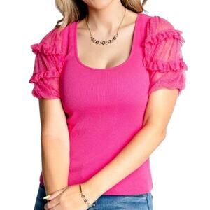 Anthropolgie Maeve Bright Pink Ribbed Top Sheer Ruffled Sleeves Size MP Barbie